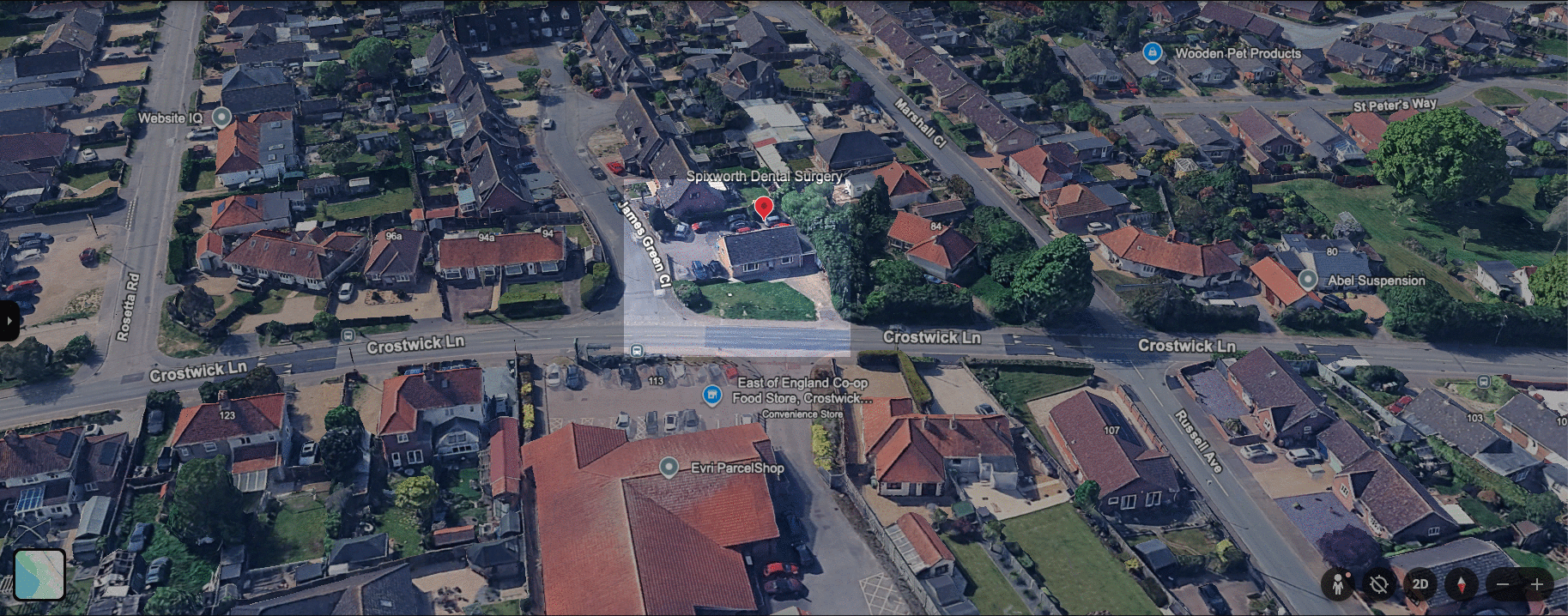 Aerial map showing the location of Spixworth Dental Practice on Crostwick Lane
